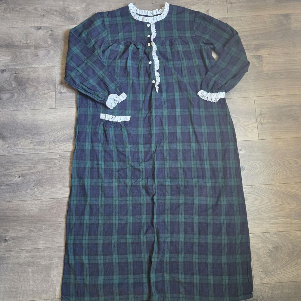 Vintage The Tog Shop Nightgown 1X Flannel Plaid Tartan Lace Cottagecore Long USA